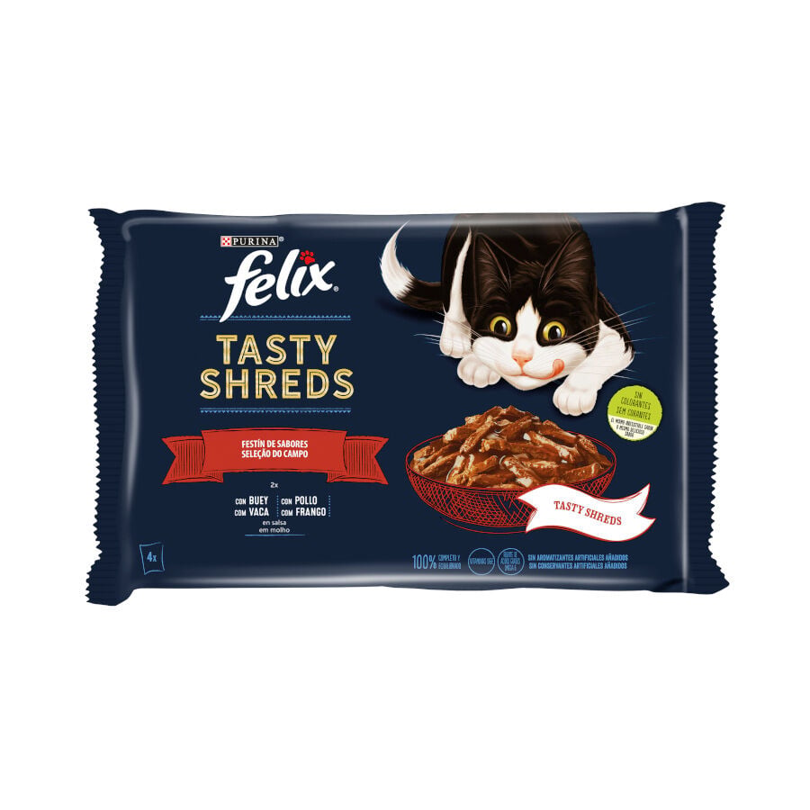 4 sobres x 80 g Felix Tasty Shreds Fest&iacute;n de Sabores Filetes en Salsa sobre para gatos, , large indicador imagen numero 1