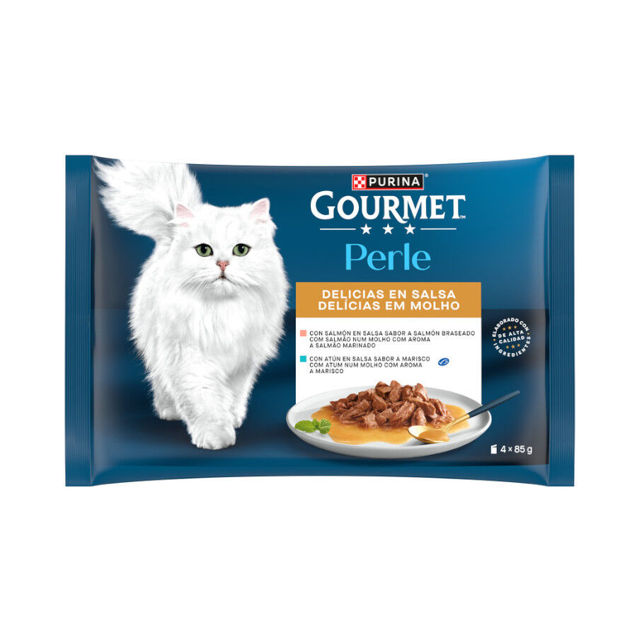Gourmet Perle Filetes de Salm&oacute;n y At&uacute;n en salsa sobre para gatos