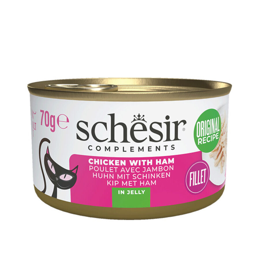 Schesir Filetes de Pollo con Jam&oacute;n en Gelatina lata para gatos