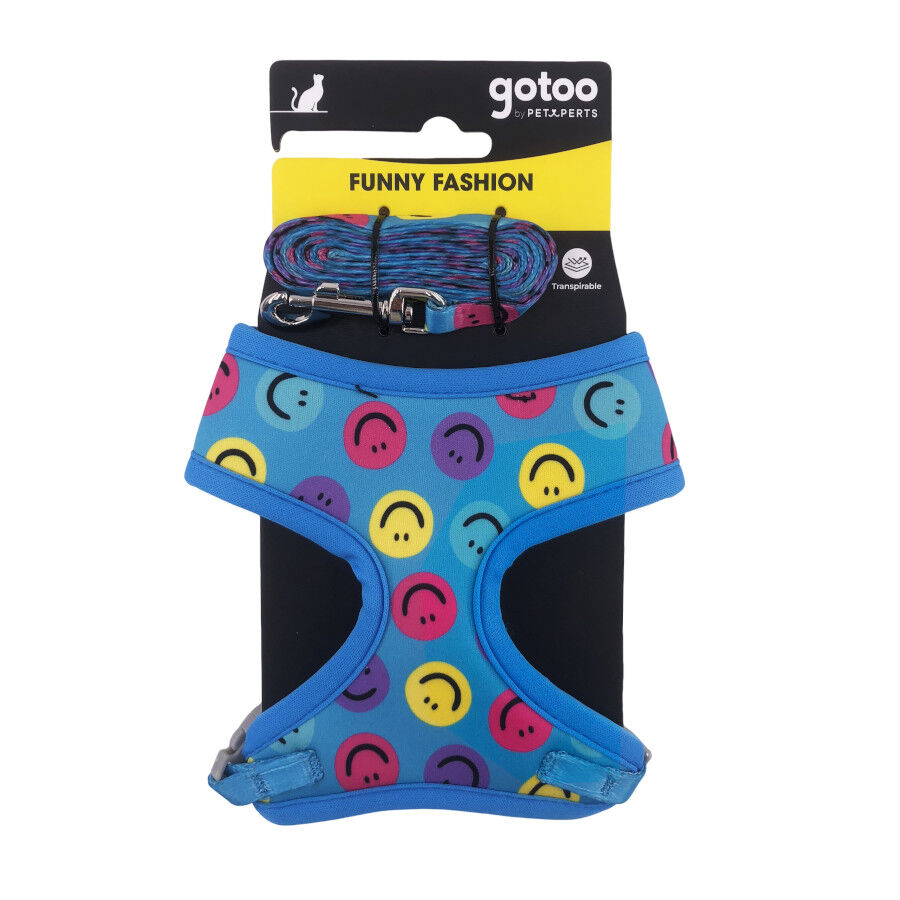 Gotoo Correa y arn&eacute;s estampado smile azul para gatos , , large indicador imagen numero 7