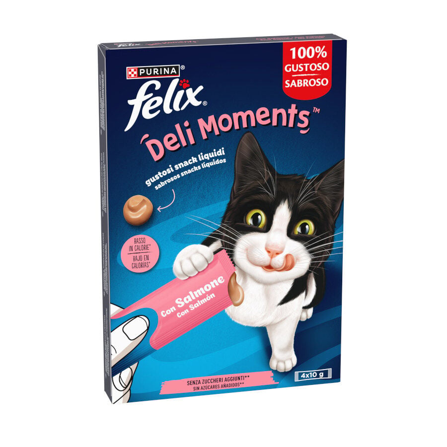 4 sobres x 10 g Purina Felix Deli Moments con Zalmon Snack l&iacute;quido para gatos, , large Imagen numero 1