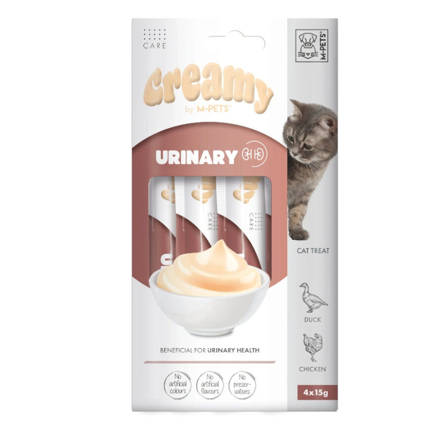 4 sobres x 15 g M-Pets Creamy Urinario Pato y Pollo snack para gatos, , large indicador imagen numero 3