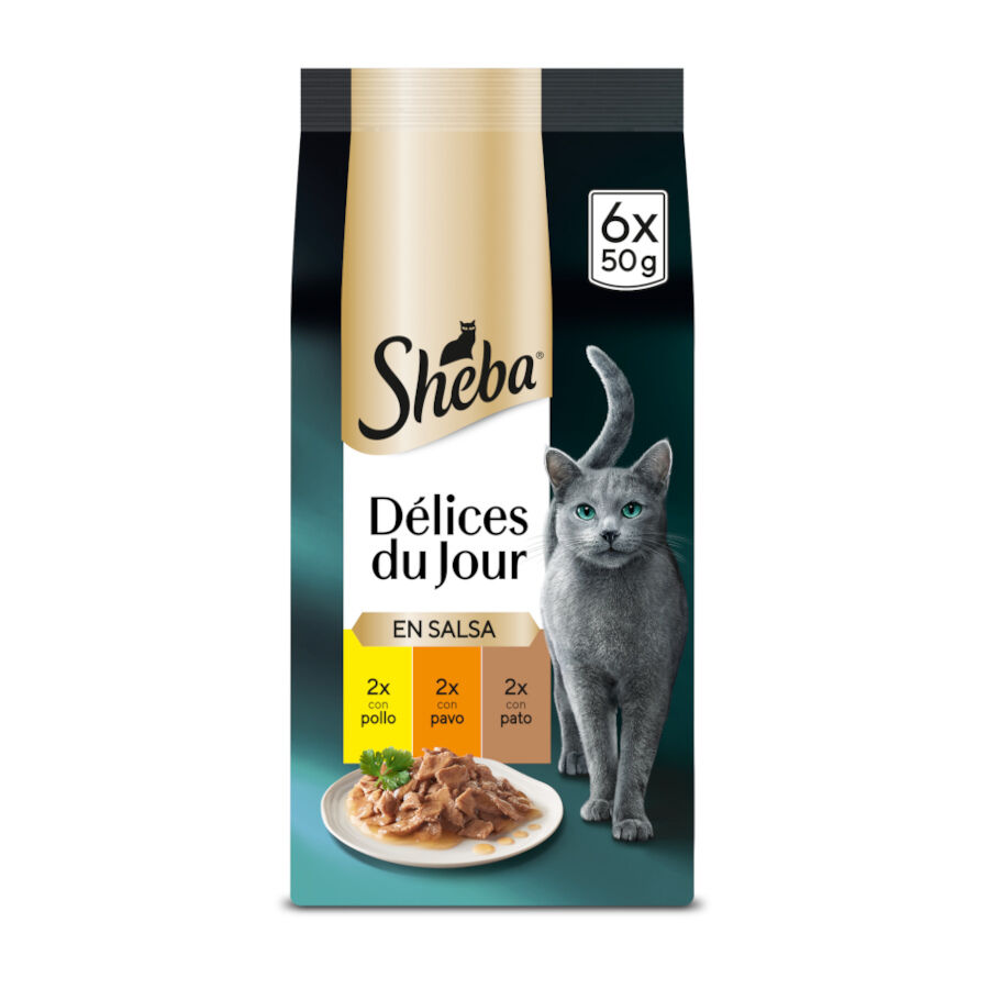6 sobres x 50 g Sheba D&eacute;lices du Jour en Salsa de pollo, pavo y pato alimento h&uacute;medo para gatos, , large indicador imagen numero 1