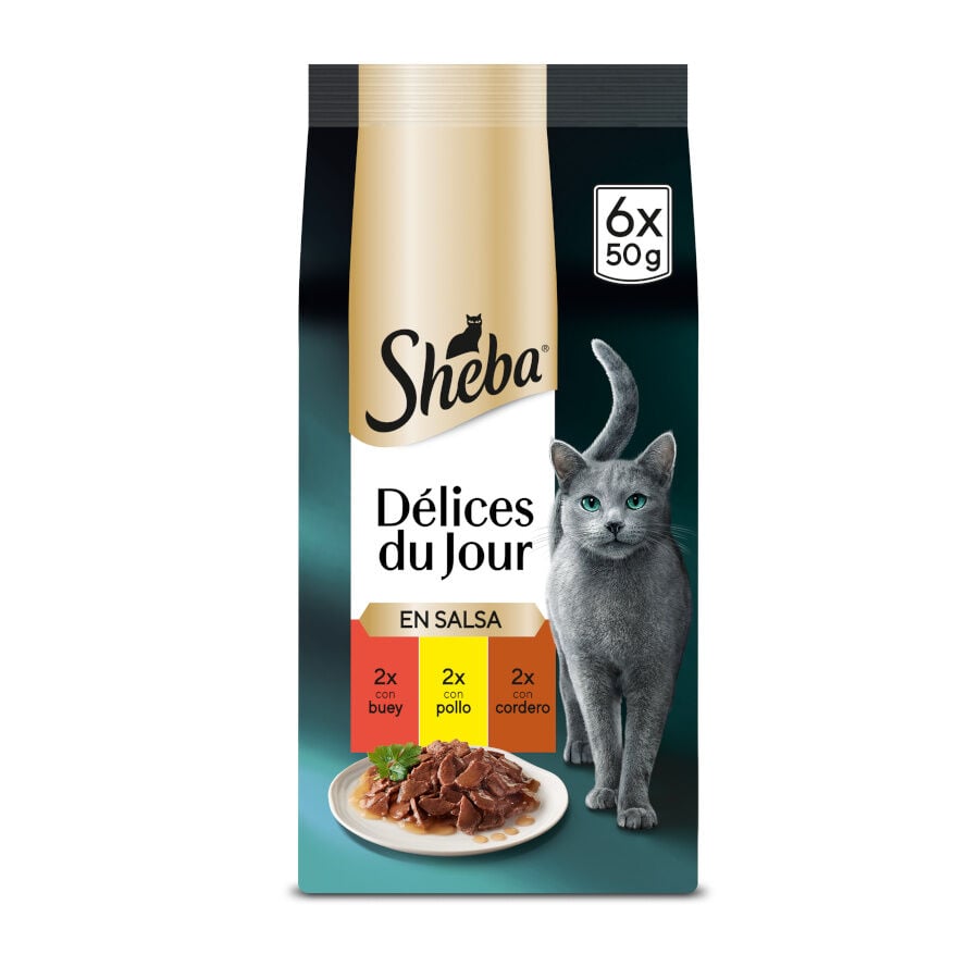 6 sobres x 50 g Sheba D&eacute;lices du Jour en Salsa de ternera, pollo y cordero alimento h&uacute;medo para gatos, , large indicador imagen numero 1