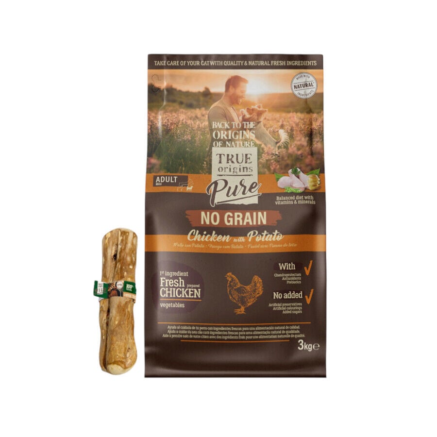 Pack True Origins Pienso Mini Adult Pollo 3 kg + Palo de Caf&eacute;  XS Natural para perros
