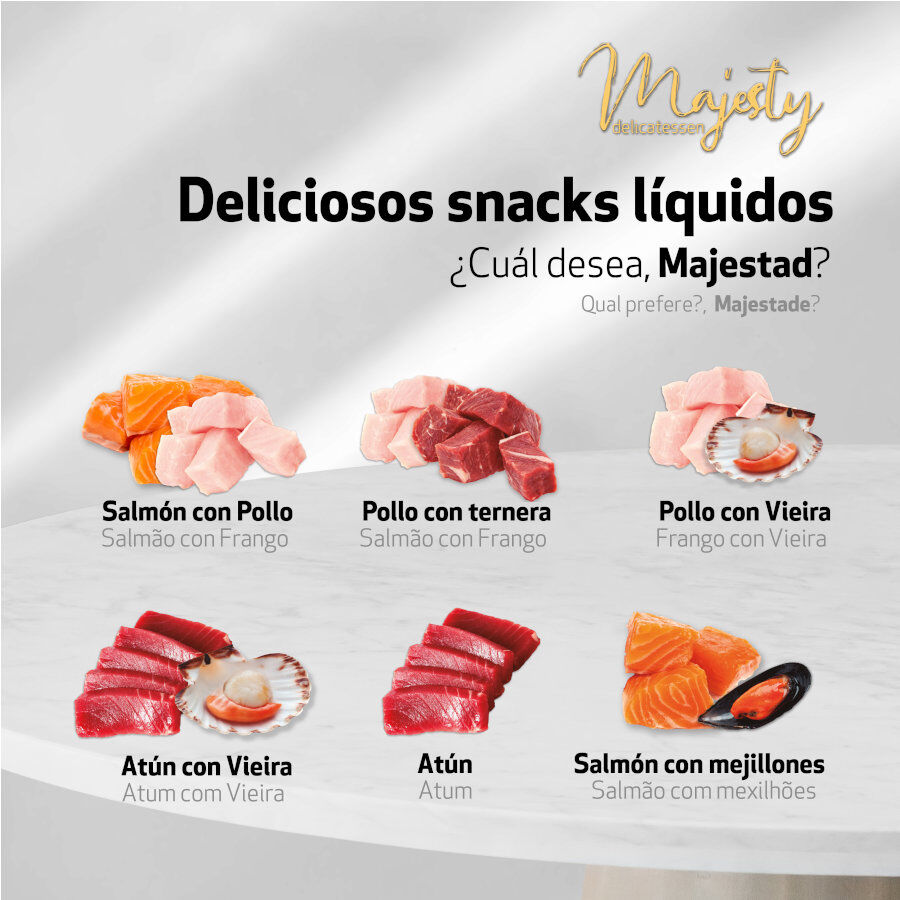 6 sobres x 15 g Majesty Pollo con Ternera snack l&iacute;quido para gatos, , large indicador imagen numero 3
