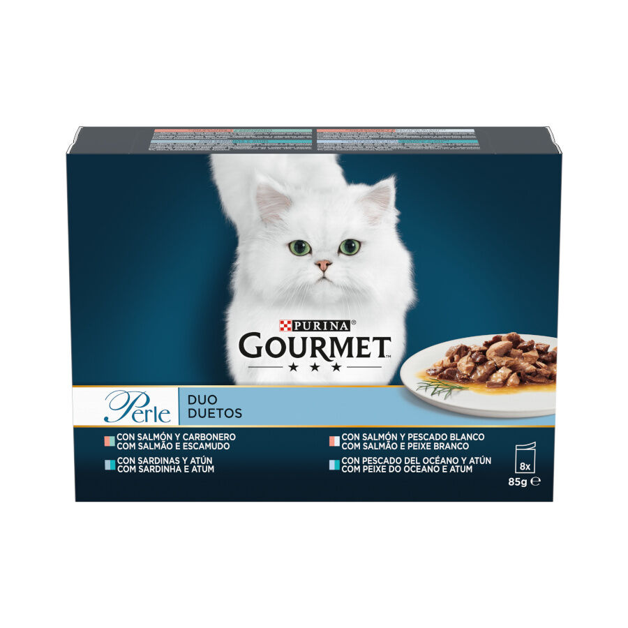 8 sobres x 85 g Gourmet Perle Duo Finas L&aacute;minas con Pescados en Salsa sobre para gatos &ndash; Pack, , large Imagen numero 1