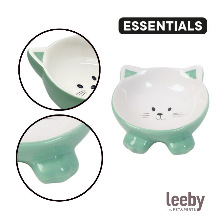 Leeby Comedero de Cer&aacute;mica Blanco y Verde con Orejitas para gatos, , large indicador imagen numero 3