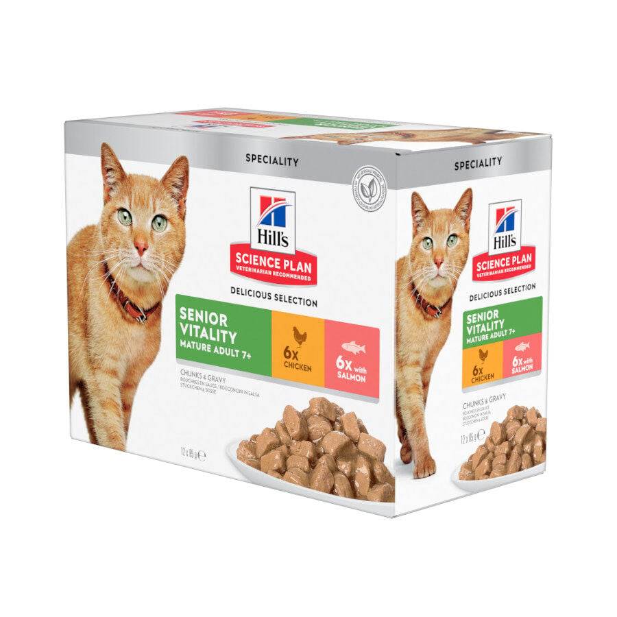 12 sobres x 85 g Hill's Science Plan Senior Vitality Pollo y Salm&oacute;n Sobre en salsa para gatos, , large indicador imagen numero 1