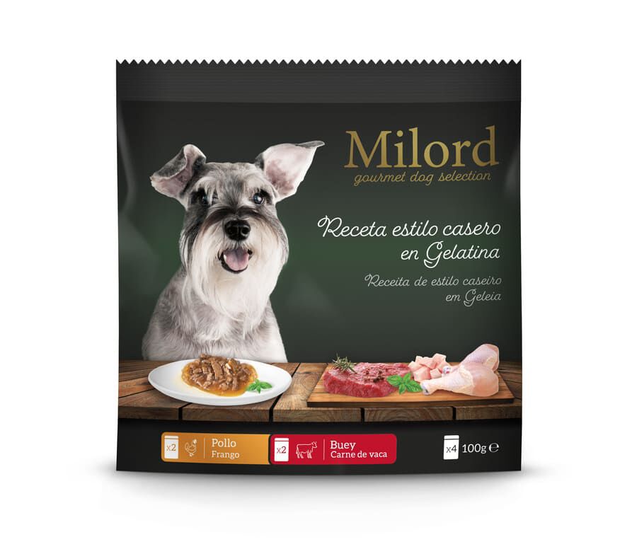 4 sobres x 100 g Milord Adult Receta estilo casero en Gelatina con Pollo y Buey sobres para perros , , large indicador imagen numero 1