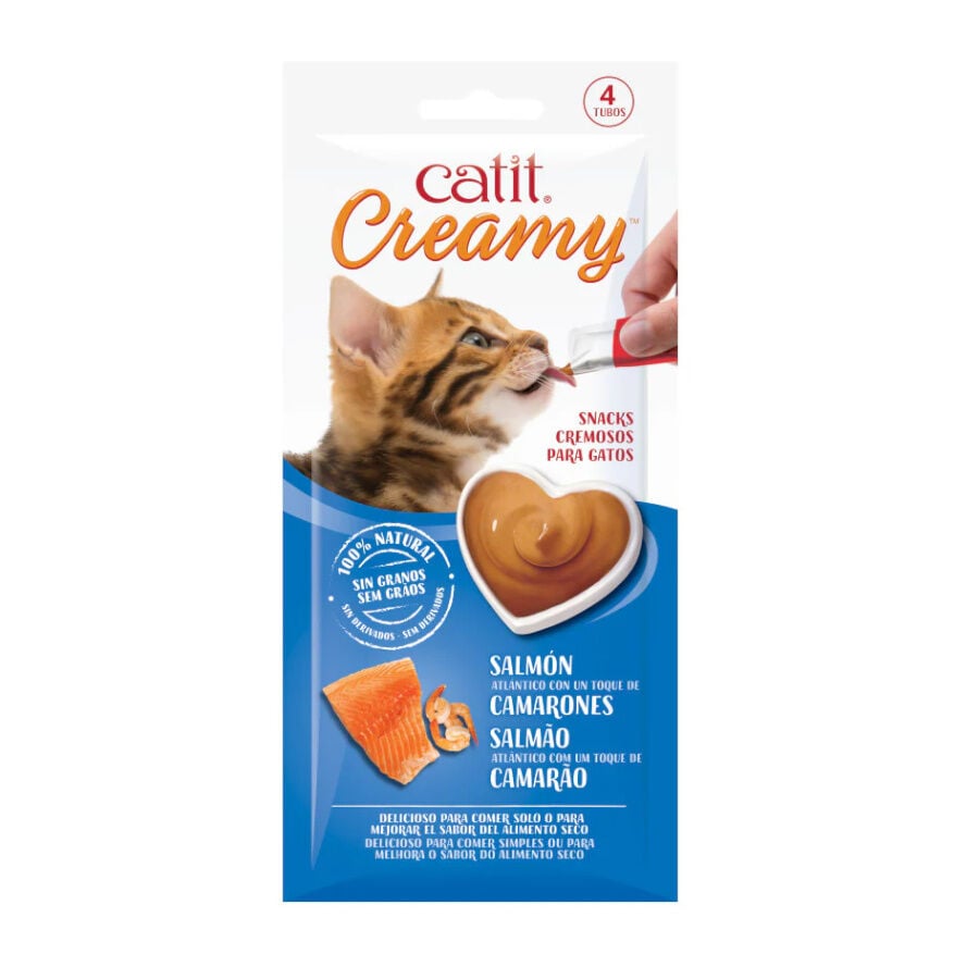4 sobres x 10 g Catit Creamy Snack L&iacute;quido de Salm&oacute;n con Gambas para gatos, , large indicador imagen numero 1