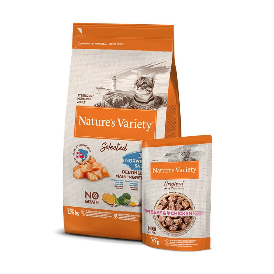 Pack comida Gatos Esterilizados Grain Free Salm&oacute;n Nature's Variety Imagen numero 1