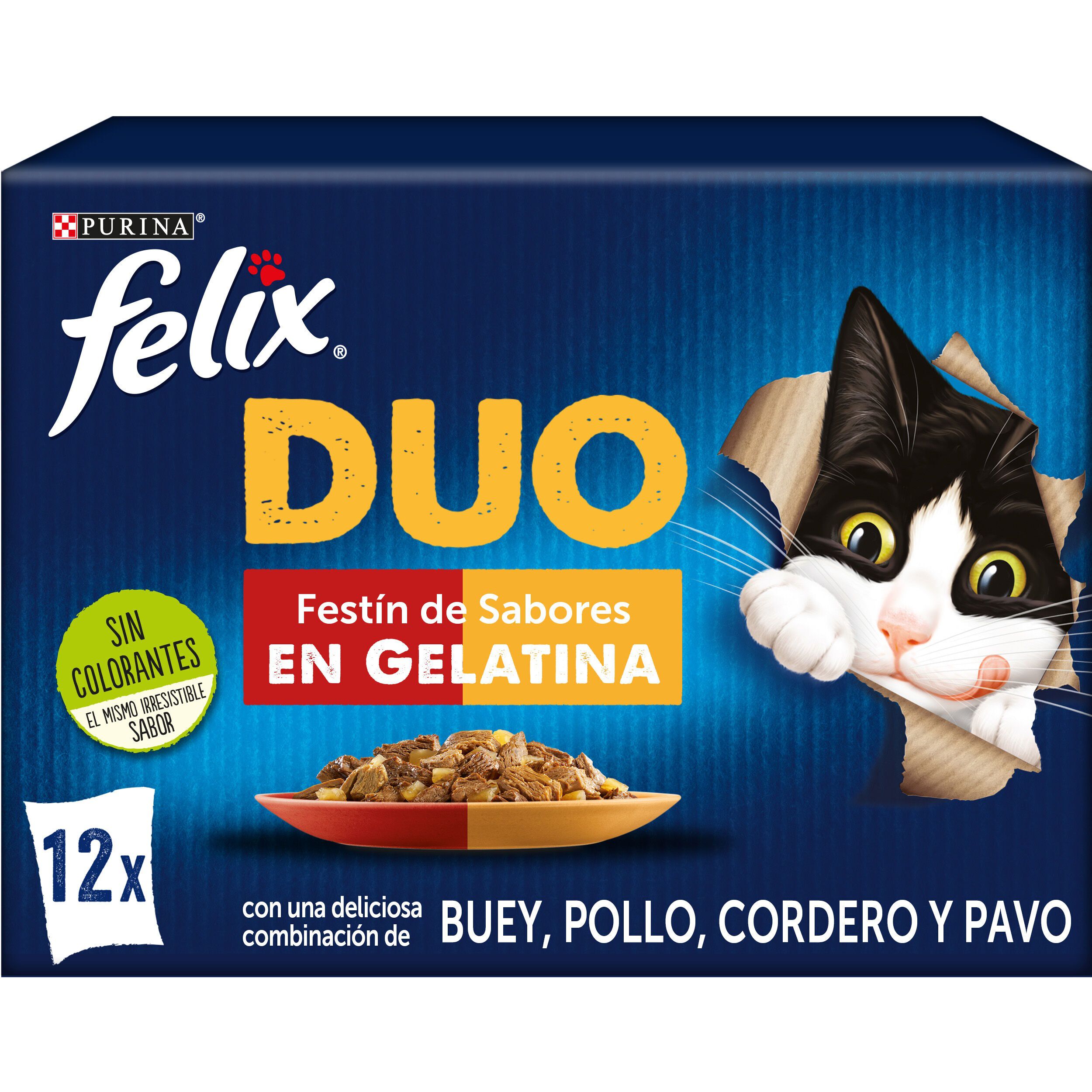 12 sobres x 85 g Felix Fantastic Duo Carne en Gelatina sobre para gatos, , large indicador imagen numero 1