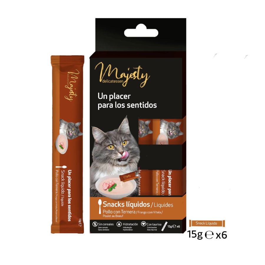 6 sobres x 15 g Majesty Pollo con Ternera snack l&iacute;quido para gatos, , large indicador imagen numero 1