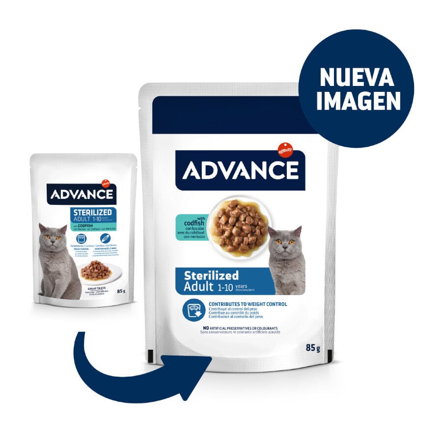 12 sobres x 85 g (9 + 3 &iexcl;gratis!) Advance Sterilized Adult Bacalao sobres para gatos, , large indicador imagen numero 2