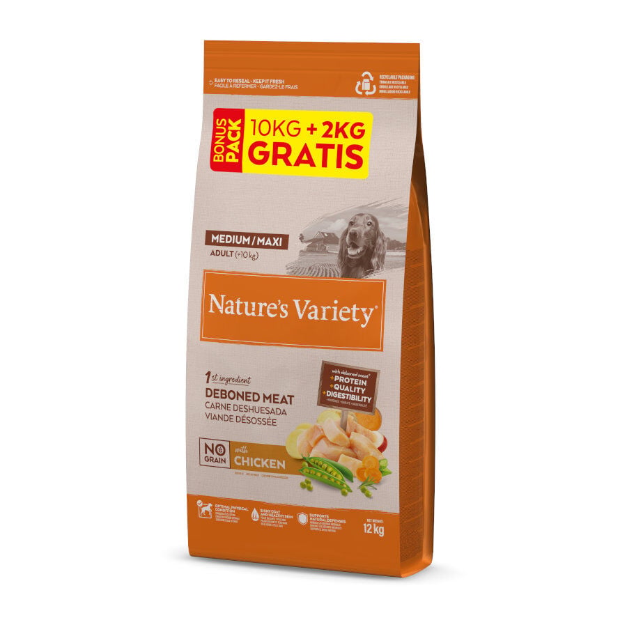 12 kg (10 + 2 kg &iexcl;gratis!) Nature's Variety No Grain Adult Medium Maxi Pollo pienso para perros, , large Imagen numero 1