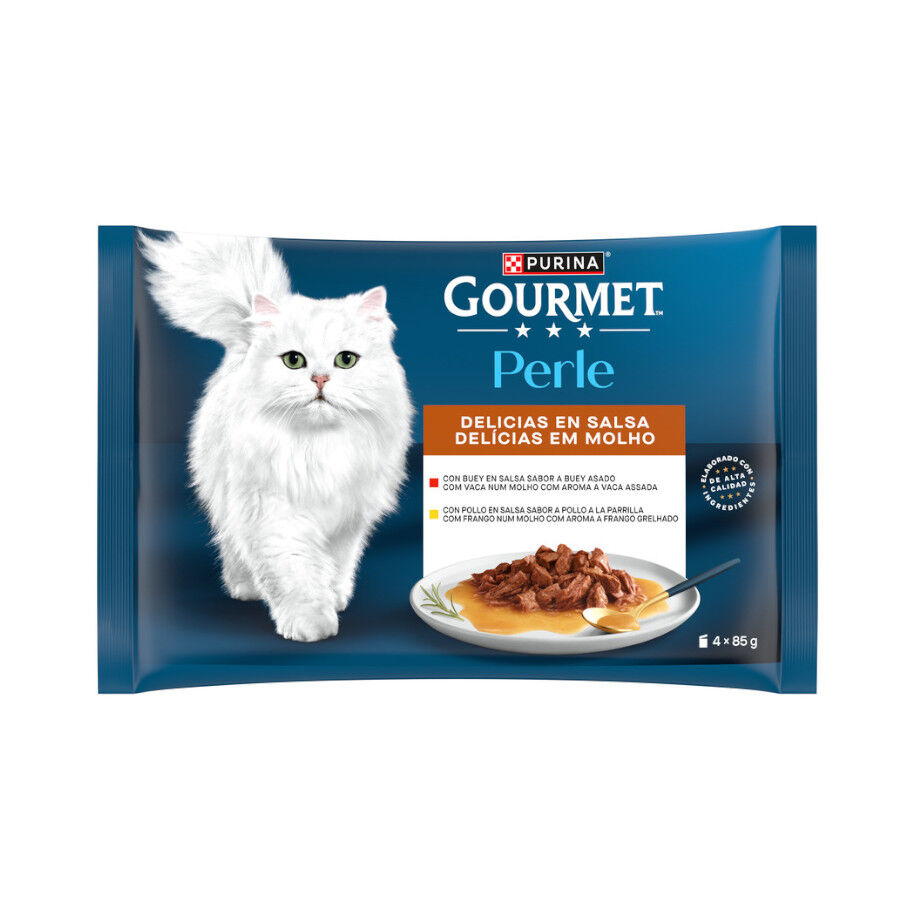 Gourmet Perle Filetes de Pollo y Buey en salsa sobre para gatos