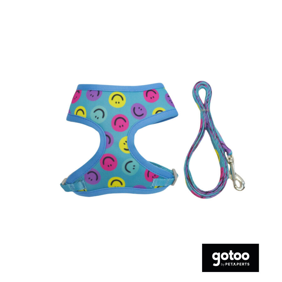 Gotoo Correa y arn&eacute;s estampado smile azul para gatos , , large Imagen numero 2