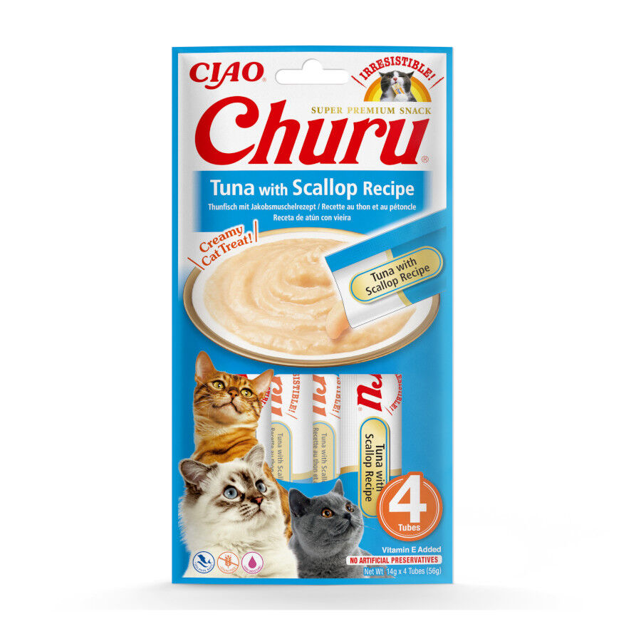 4 sobres x 14 g Churu Snack Cremoso de At&uacute;n con Vieira para gatos, , large indicador imagen numero 1