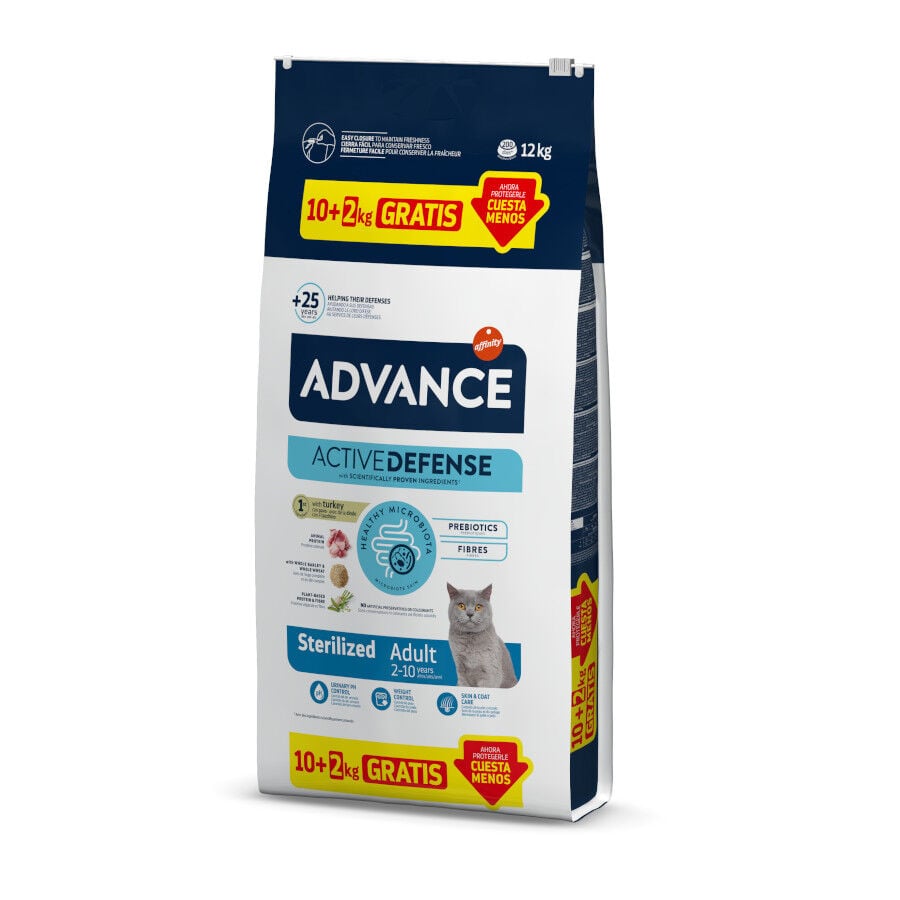 12 kg (10 + 2 &iexcl;gratis!) Advance Adult Sterilized Pavo y Cebada pienso para gatos, , large indicador imagen numero 1