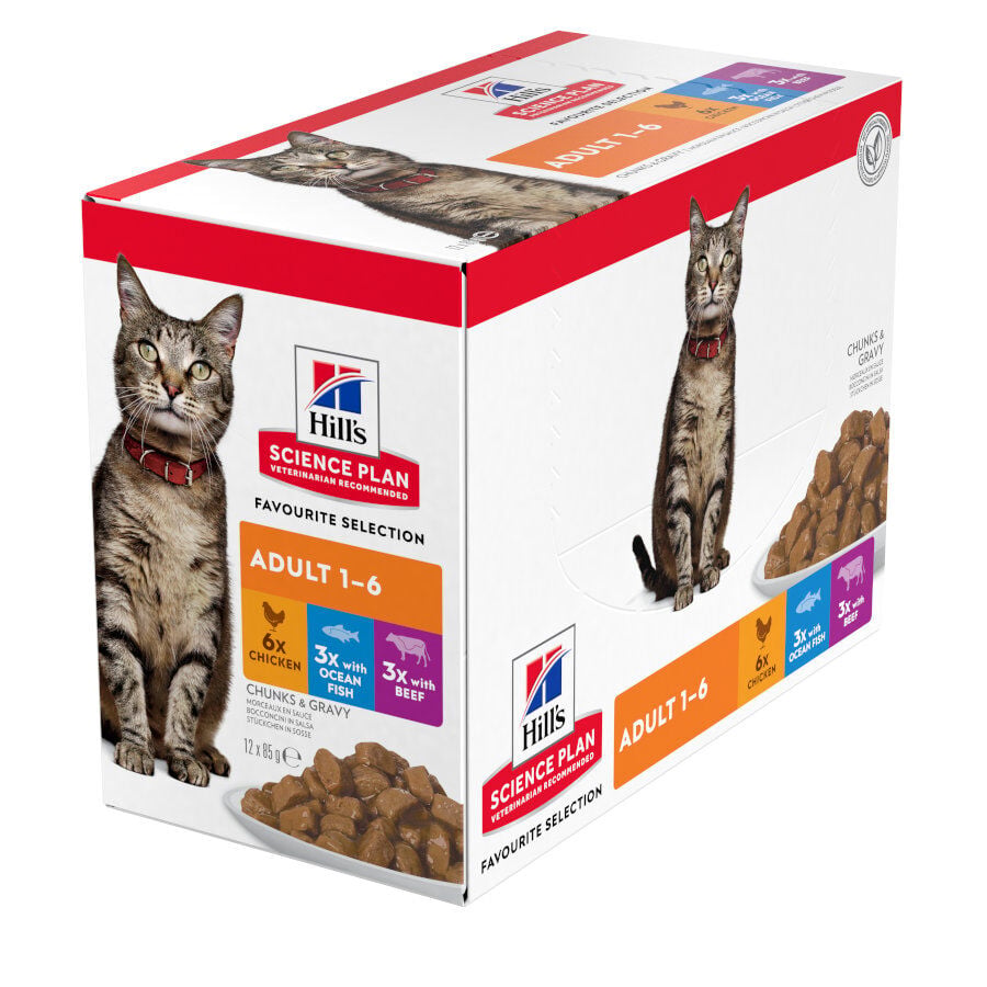 12 sobres x 85 g Hill's Science Plan Adult Pollo, Pescado Azul y Vacuno en Salsa sobre para gatos, , large indicador imagen numero 1