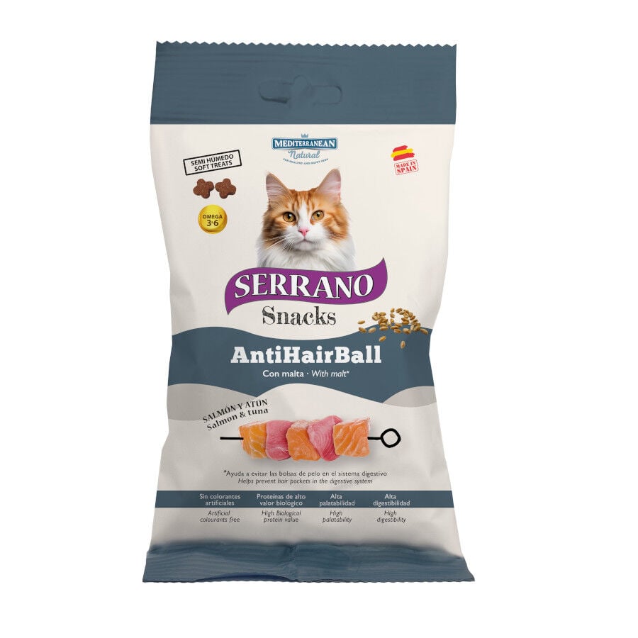 50 g Serrano Bocaditos Anti Hairball de Salm&oacute;n y At&uacute;n para gatos, , large Imagen numero 1