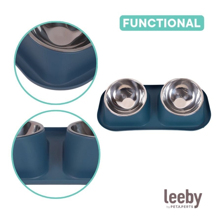 Leeby Comedero Doble de Metal Azul para perros, , large indicador imagen numero 3