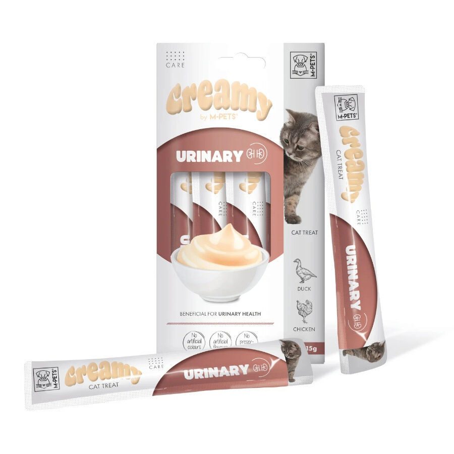 4 sobres x 15 g M-Pets Creamy Urinario Pato y Pollo snack para gatos, , large indicador imagen numero 1