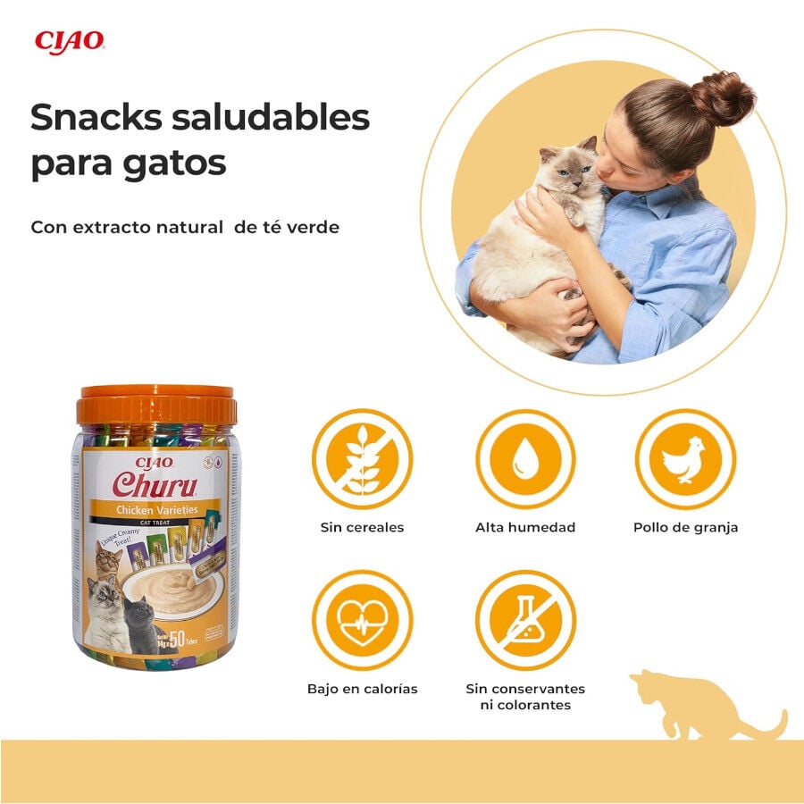 50 sobres x 14 g Churu Snack Cremoso Variedades de Pollo para gatos, , large indicador imagen numero 2