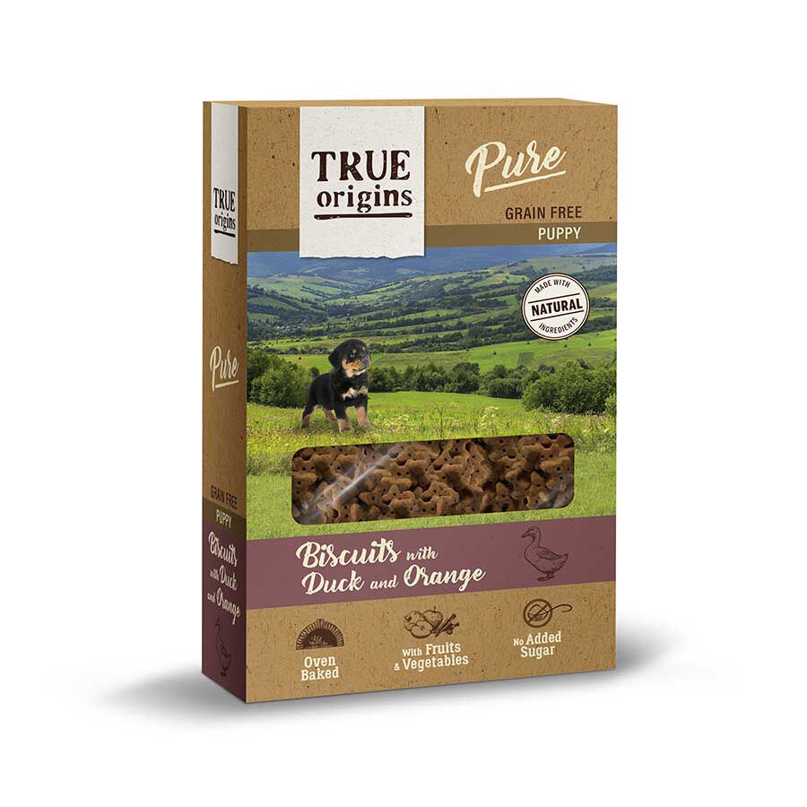 320 g True Origins Pure Puppy Pato con Naranja galletas para perros, , large indicador imagen numero 1