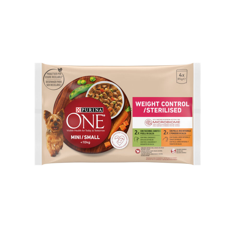 4 sobres x 85 g One Adult Mini Small Weight Control  Pollo y Pavo en Salsa sobre para perros, , large indicador imagen numero 1