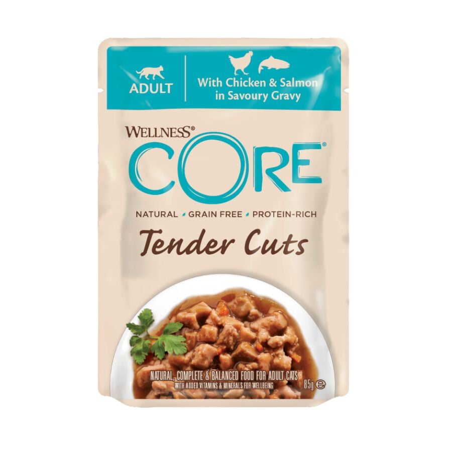 85 g Wellness Core Tender Cuts pollo y salm&oacute;n sobre en salsa para gatos, , large Imagen numero 1
