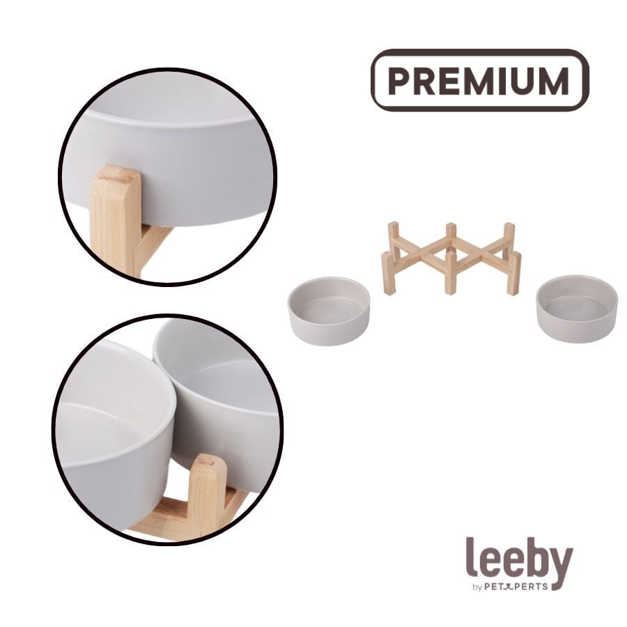 Leeby Comedero Doble de Cer&aacute;mica con Soporte de Madera para perros, , large Imagen numero 3