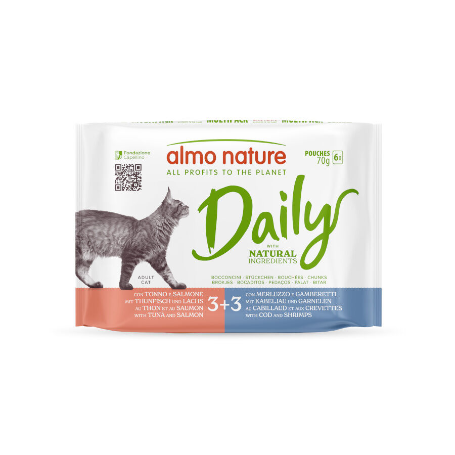 6 sobres x 70 g  Almo Nature Daily At&uacute;n con Salmon y Bacalao con Camarones sobre para gatos - Multipack, , large Imagen numero 1