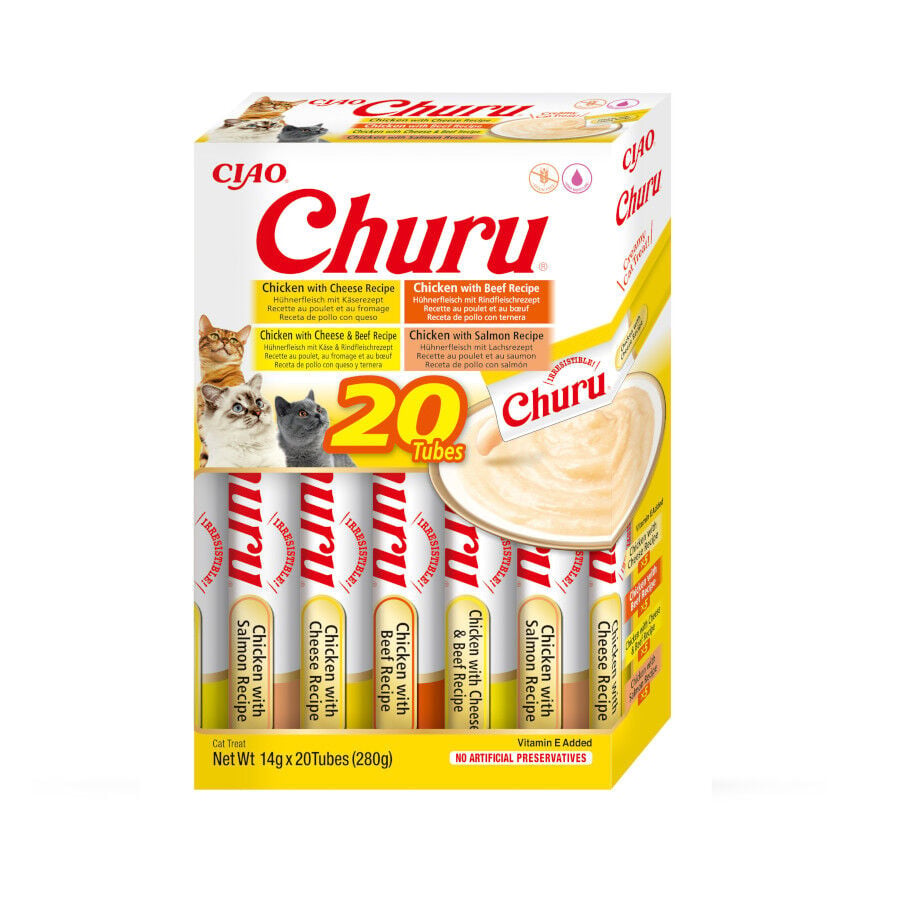 20 sobres x 14 g Churu Variedades de Pollo con Ternera Snack L&iacute;quido para gatos, , large indicador imagen numero 1