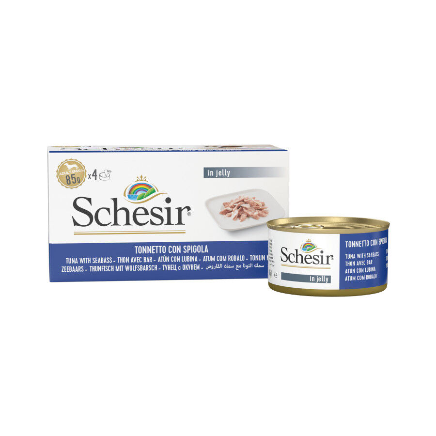 4 latas x 85 g Schesir Filetes de At&uacute;n con Lubina en Gelatina lata para perros, , large indicador imagen numero 2