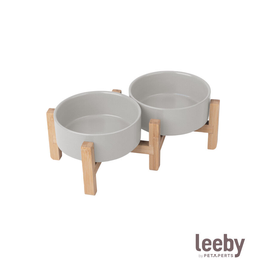Leeby Comedero Doble de Cer&aacute;mica con Soporte de Madera para perros, , large indicador imagen numero 2