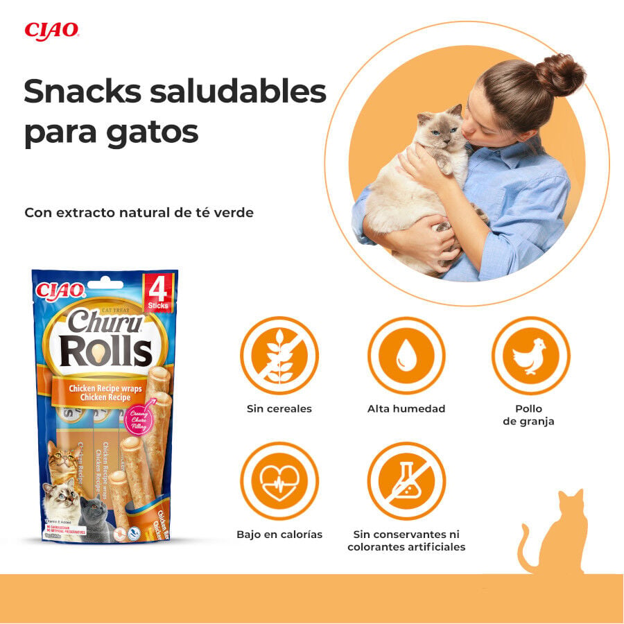 4 sobres x 10 g Churu Sticks Rolls de Pollo para gatos, , large indicador imagen numero 2