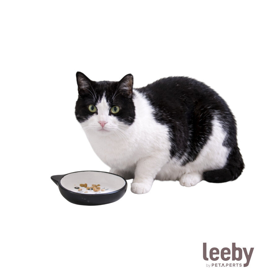 Leeby Comedero de Cer&aacute;mica Blanco y Negro con Orejitas para gatos