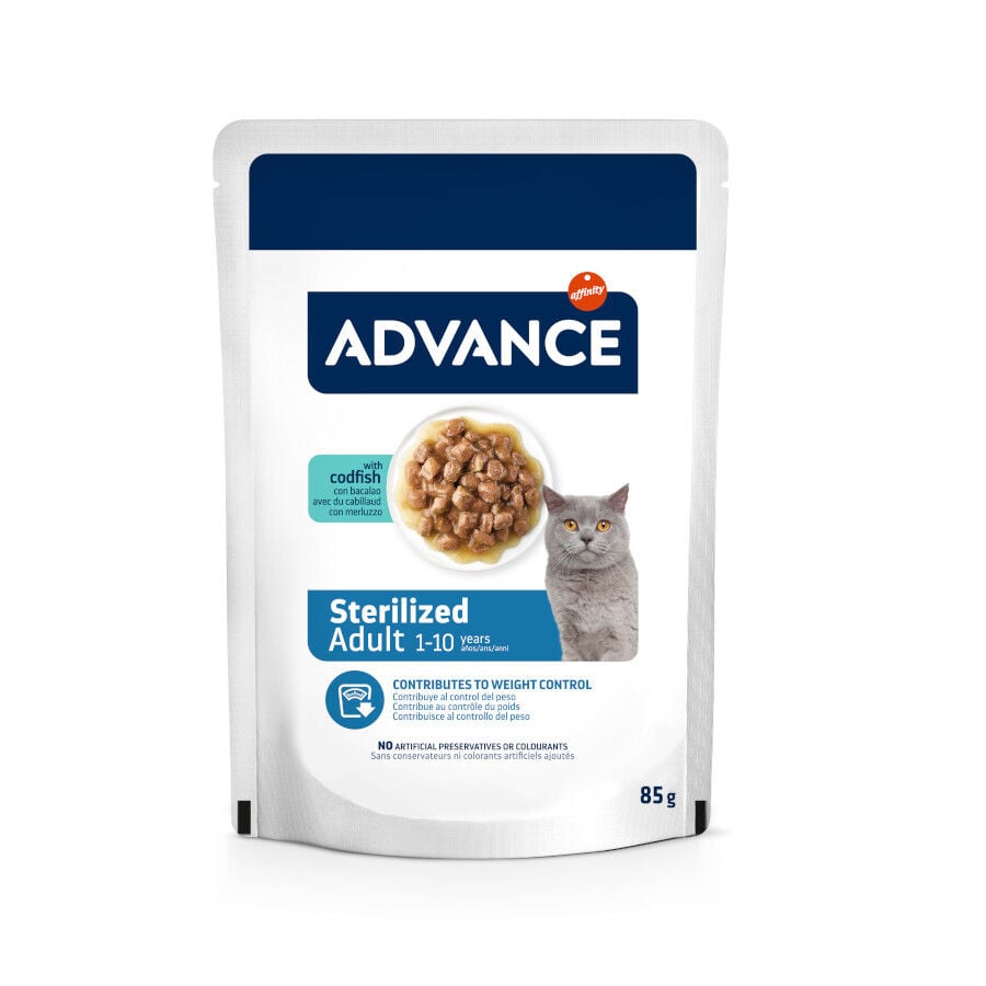 12 sobres x 85 g (9 + 3 &iexcl;gratis!) Advance Sterilized Adult Bacalao sobres para gatos, , large Imagen numero 1