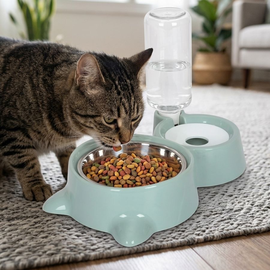 Leeby Comedero y Dispensador de Agua 2 en 1 Acero Inoxidable Verde para gatos, , large indicador imagen numero 1
