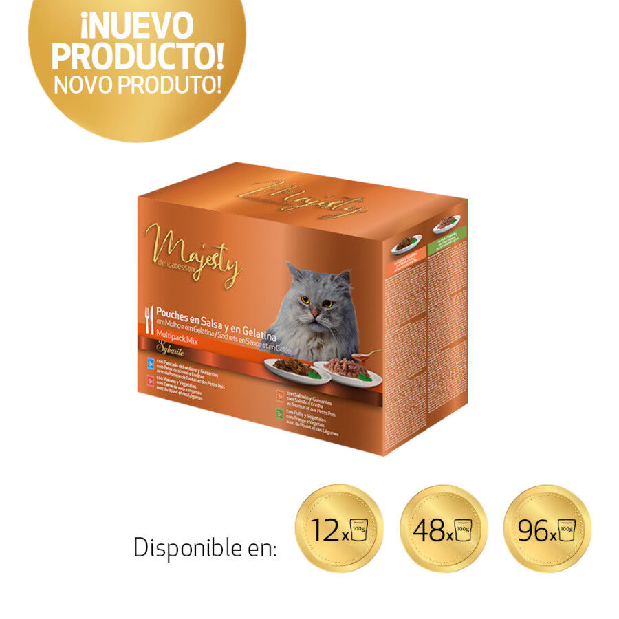 96 sobres x 100 g Majesty Multipack Sobres Gelatina y Salsa Mix Pescado y Carne para gatos, , large indicador imagen numero 2