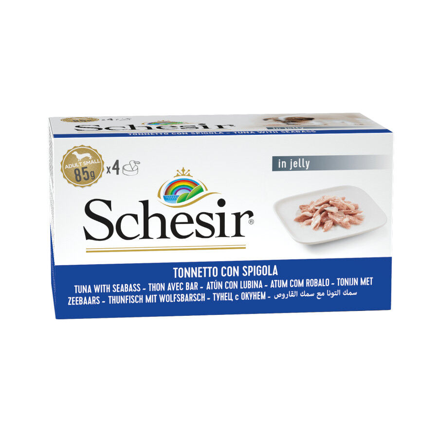 4 latas x 85 g Schesir Filetes de At&uacute;n con Lubina en Gelatina lata para perros, , large indicador imagen numero 1