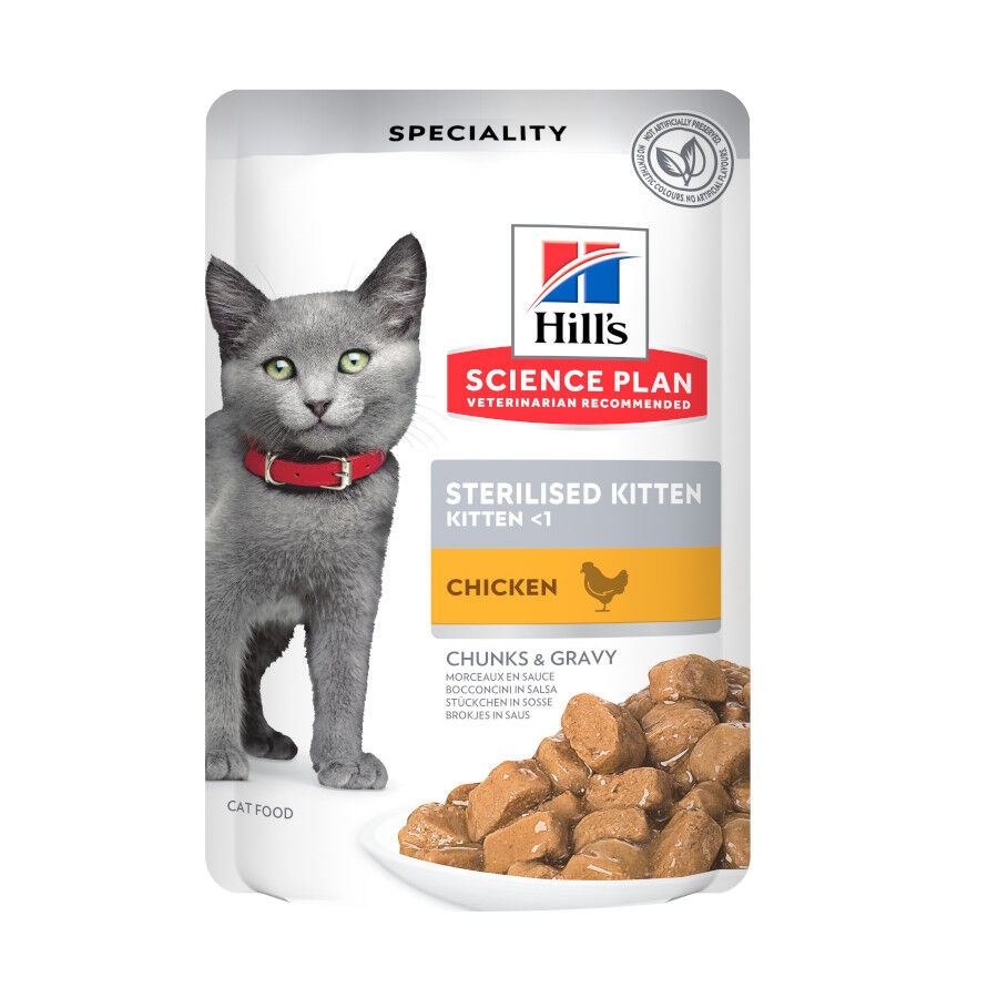 12 sobres x 85 g Hill's Science Plan Feline Sterilised Kitten Pollo en Salsa sobre para gatos, , large Imagen numero 1