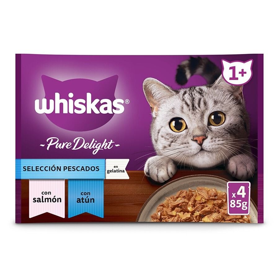 4 sobres x 85 g Whiskas Pure Delight Selecci&oacute;n Pescados Gelatina en Bolsita para gatos, , large Imagen numero 1