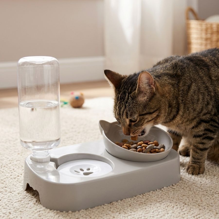 Leeby Comedero y Dispensador de Agua 2 en 1 Gris y Blanco para gatos, , large indicador imagen numero 1