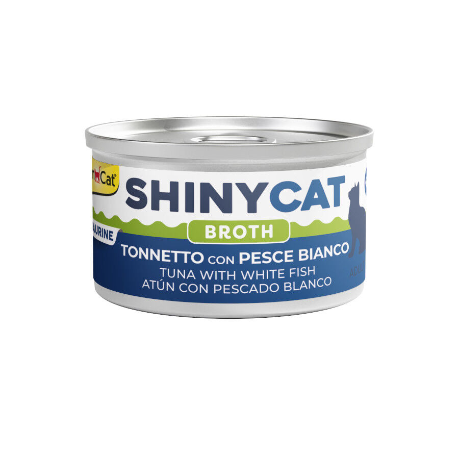 70 g GimCat Shiny Cat At&uacute;n y Pescado blanco en caldo lata para gatos, , large Imagen numero 1