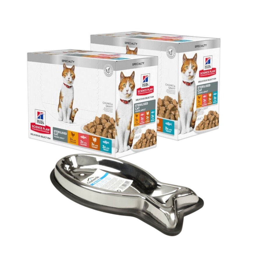 Comedero Outech 150 ml + 24 x 85g sobres Hill's Science Plan Sterilised carne y pescado para gatos &iexcl;Pack Ahorro!, , large Imagen numero 1