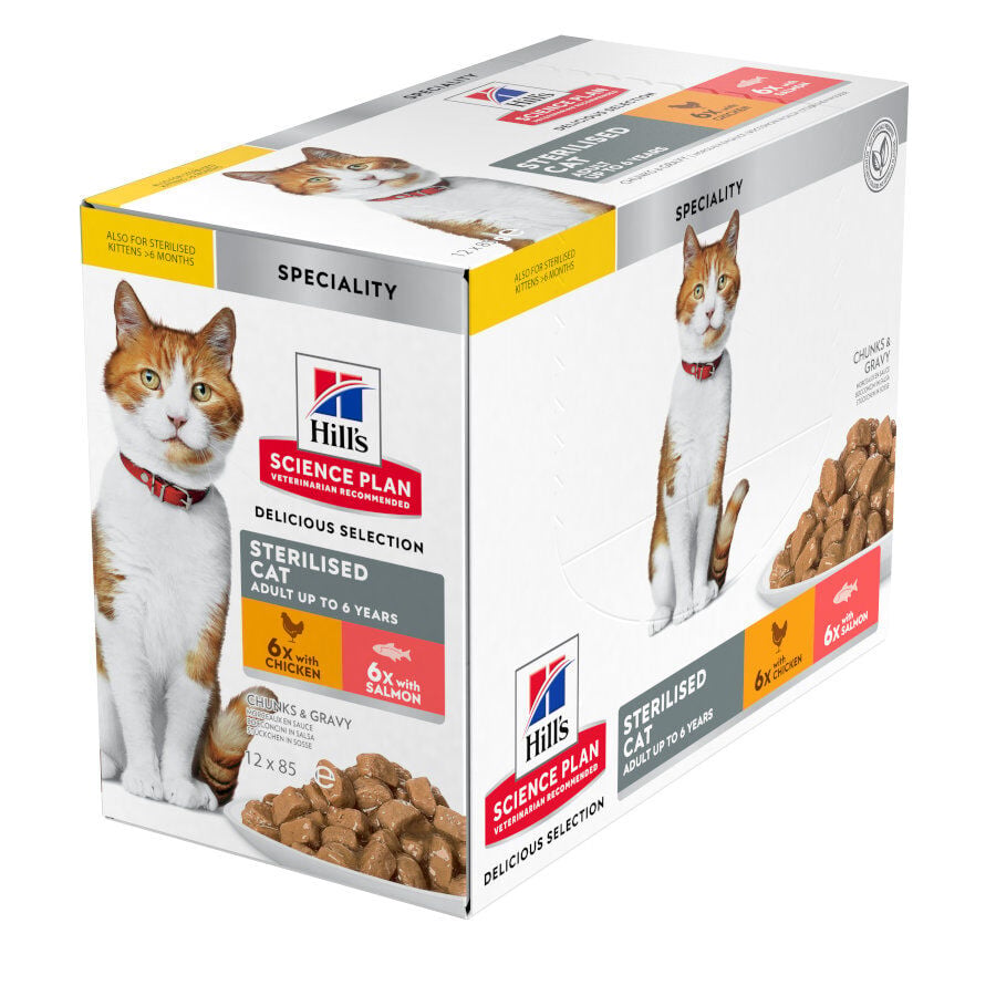12 sobres x 85 g Hill's Science Plan Sterilised Adult Pollo y Salm&oacute;n en Salsa sobre para gatos, , large Imagen numero 1