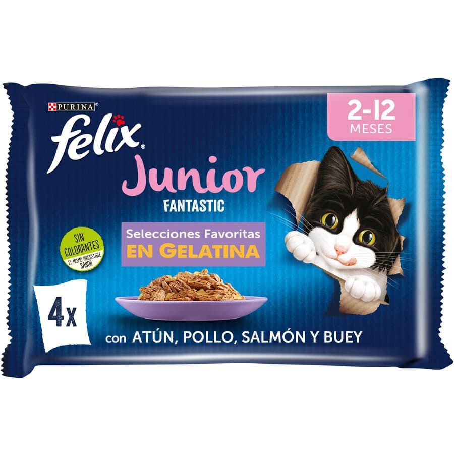 Felix Junior Fantastic Carne y Pescado en Gelatina sobre para gatos